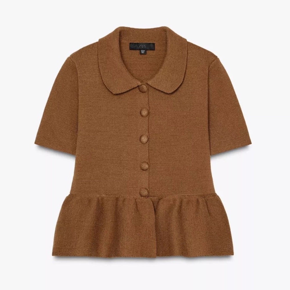 Zara Brown Knit Blouse with Peplum Ruffle